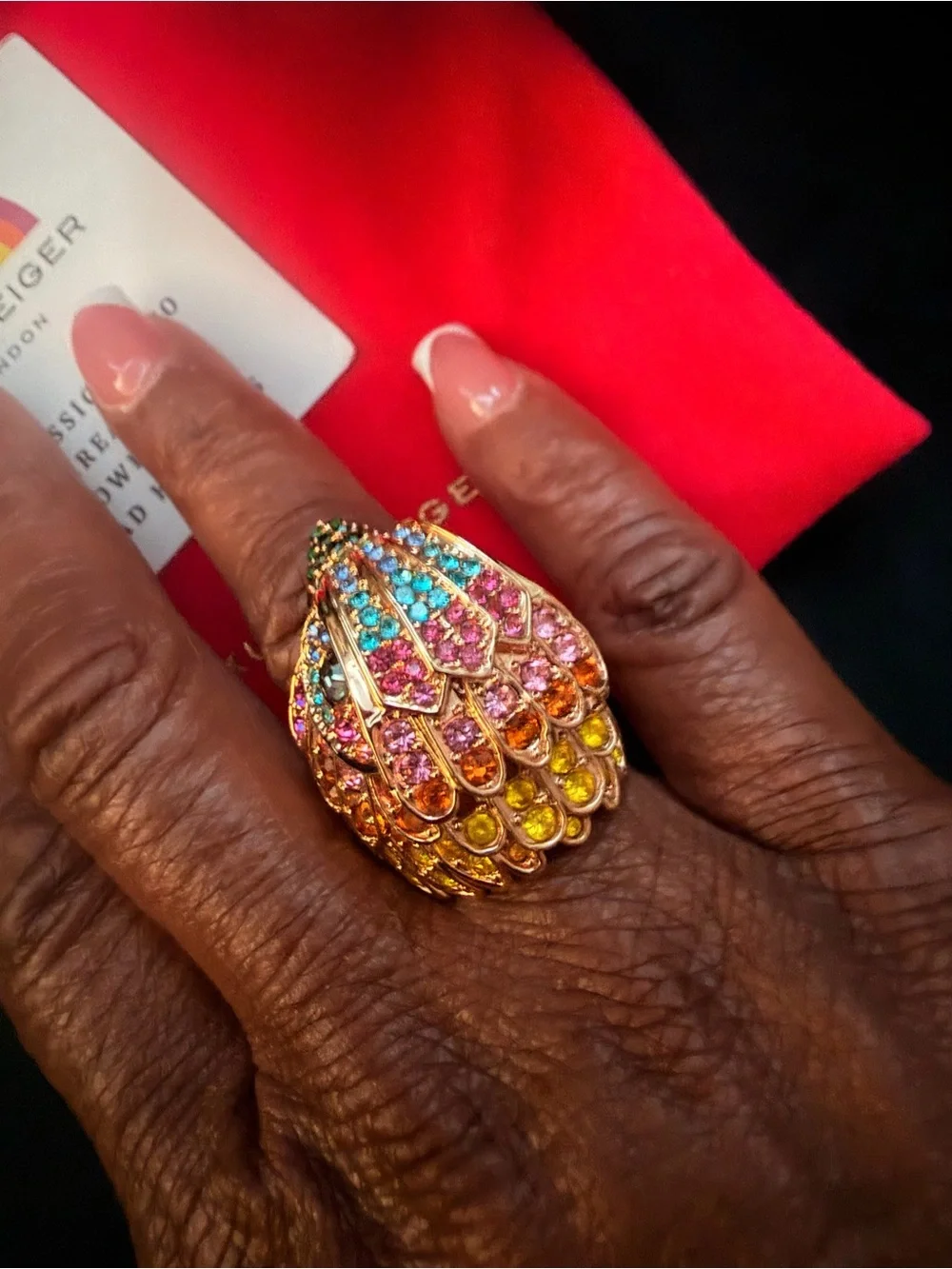 Kurt Geiger Gold-Tone Multicolor Crystal Shell Ring Size 7
